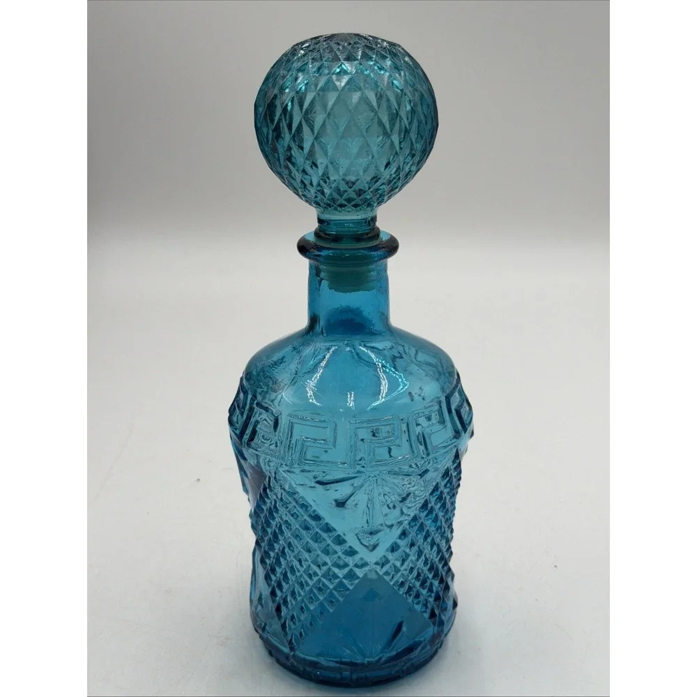Vintage Blue Glass Genie Bottle Decanter W/Round Glass Stopper Made in Taiwan